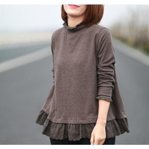 Autumn Tshirts Women Casual Solid Color Patchwork Flowers Loose Turtleneck Collar Female Wild Tops