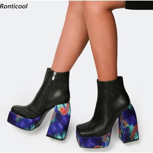 Ronticool New Women Winter Platform Ankle Boots Genuine Leather Hoof Heels Round Toe Black Party Shoes Women Plus US Size 5-10.5