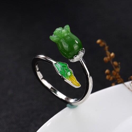 Rose Hot Sale Women Anel Feminino 2018 New S925 Pure Restoring Ancient Ways Ms Hetian Inlay Cloisonne Roses Open Ring Wholesale