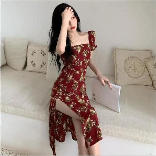 2021 New Summer Floral Dress Waist Was Thin French Retro Slit Long Skirt Female Temperament One Shoulder Square Collar