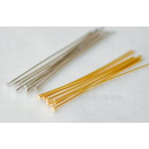 100pcs Gold/ Silver Head Pins 30mm by 0.5mm(24 Gauge), Gold/ Rhodium Plated Brass Headpins T-Pins (GB-259)
