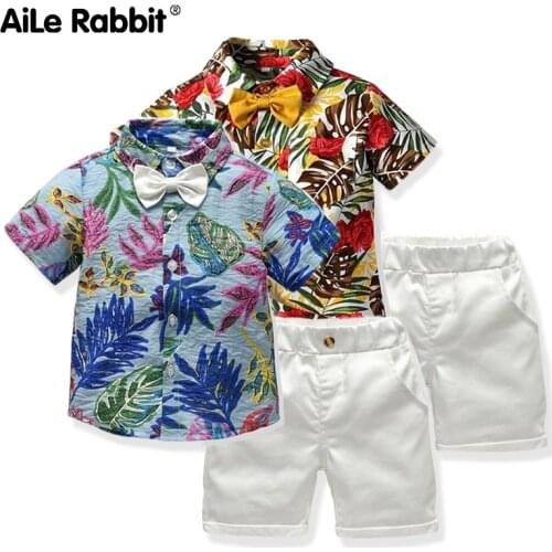 2019 New Arrival Boy Clothes Suit Fashion Short-sleeved Shirt Pants 2 Piece Set Floral Gentleman Bow Set Handsome Baby Boy Suit