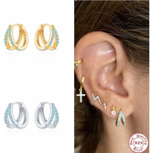 GS 925 Sterling Silver Pave Turquoise Hoop Earrings For Women Blue CZ Crystal Double Circle Huggie Earrings Party Fine Jewelry