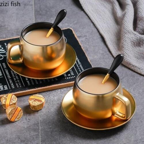 American Gold-plated Ceramic Coffee Cup with Saucer Spoon Luxury Golden Milk Tea Cup Exquisite Cup Gift for Friends Home Decor