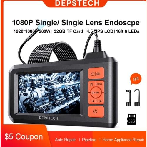 Car Endoscope Camera 1080P Single Lens with 4.3" LCD Screen/32GB/6 LED Lights/5m Cable Video Endoscopic Inspection Borescope