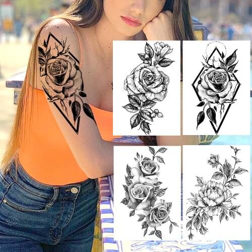 Black Rose Sexy Women Temporary Tattoos Realistic Flower Arm Tattoo Stickers For Adults Body Leg Art Fake Floral Bloosom Tatoos