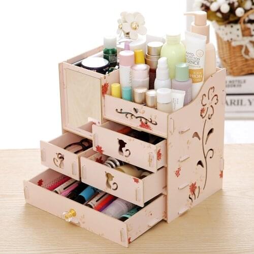 DIY Wooden Multifunctional Desktop Storage Box Container Makeup Cosmetic Storage Case With Mirror Jewelry Organizer Rack