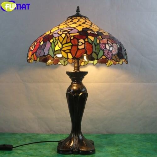 FUMAT Tiffany Style Red Pink Rose Green Leaves Stained Glass 16 Inch Shade Decor Table Lamp Garland Handcraft Art Desk Lights