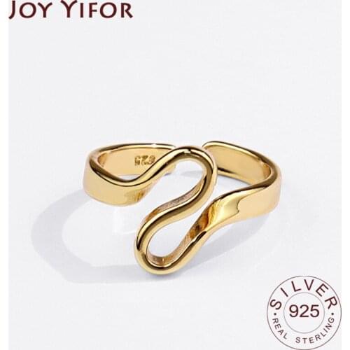925 Sterling Silver Rings for Women Curve Line Gold Color Wedding Trendy Jewelry Large Adjustable Antique Rings Anillos