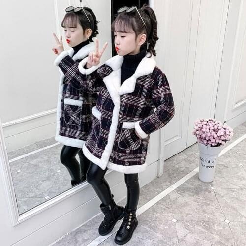 Autumn Winter Warm Girls Woolen Mid Length Coat Children Fashion Plus Fleece Turn-down Collar Girl Outerwear From 3 to 12 Year