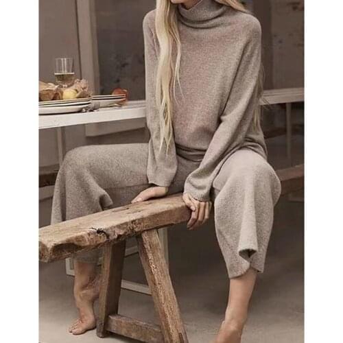 Autumn Winter Knitted Two Piece Set Fashion Turtleneck Pullover Tops +Wide Leg Pants Outfits Women Casual Long Sleeve Home Suits