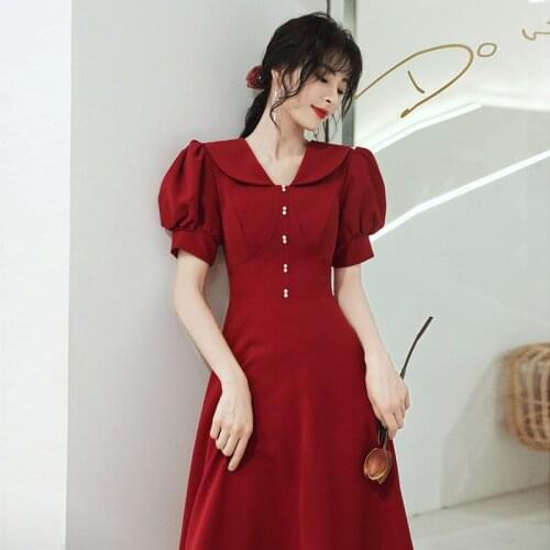 Princess Burgundy Evening Dress Vintage Party Sweet Bride Performance Short Sleeve Wedding Banquet Dress