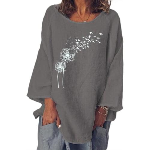 Plus Size Versatile Comfortable Multiple Occasions Women Floral Linen O-neck Long Sleeve Irregular Tunic Top T-shirt Неровн