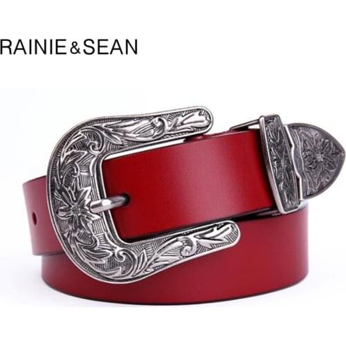 RAINIE SEAN Real Leather Women Belt Retro Pin Buckle High Quality Female Pants Waist Belts Red Belt for Trousers Accessories