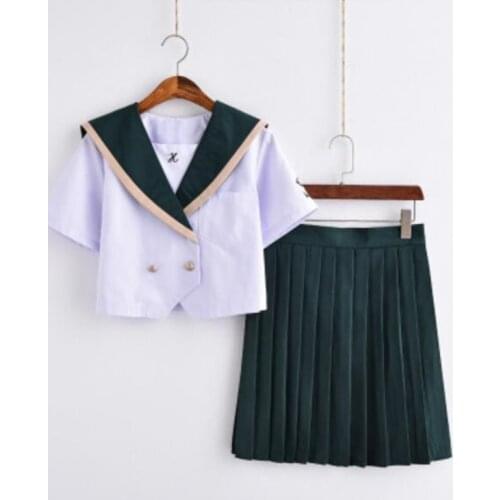 Sailor Suit Jk Uniform Jpanese Kawaii Exquisite Double-breasted Embroidery Preppy Suit Cardigan Short Sleeve Top + Pleated Skirt
