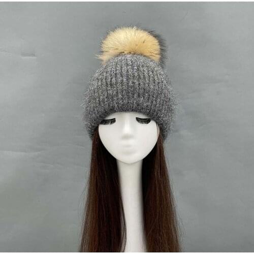 Sequined Plush Rabbit Wool Hat High Quality Thick Warm Hat Detachable Raccoon Ball Winter Women Cap