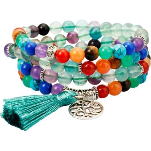 SUNYIK 6mm Fluorite Crystal 7 Chakra 108 Mala Beads Prayer Stones Bracelet Necklace