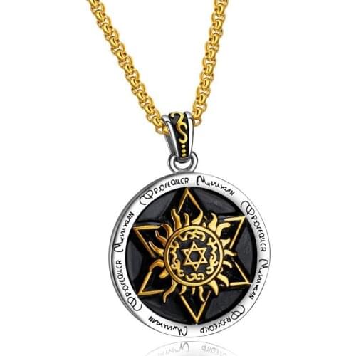 Punk Rock Titanium Steel Star of David Hexagram Round Pendant Necklace fo Men Jewelry Gold Silver Color