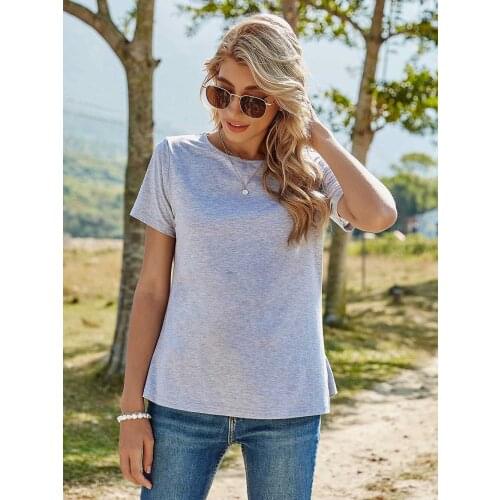 Women Summer Short Sleeve T-Shirt Solid Color O-Neck Lace Clothes Loose Casual Female Tops