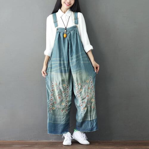 Female embroidery Denim Jumpsuits 2018 Casual Wide Leg jean Pants Overalls Large size Bib Suspenders Pants Rompers G081503