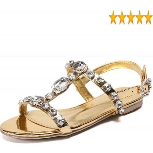Rome Women Open Flat Toe Rhinestone Real Leather Sandals Street Solid T-Strap Buckle Sandal Summer Flats Shoes Plus Size