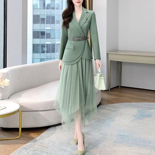 Womens Sets Belt Blazer+Elastic Waist Pleated Tulle Mesh Skirt Suit Two Piece Set Fashion Office Lady Women 2 Piece Skirt Suits