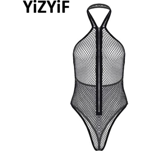 Women One-piece Bodysuit Lingerie See Through Fishnet Mesh Halter Neck Zip Up Thong Bodysuit Sexy Clothes Nightwear Sleepwear