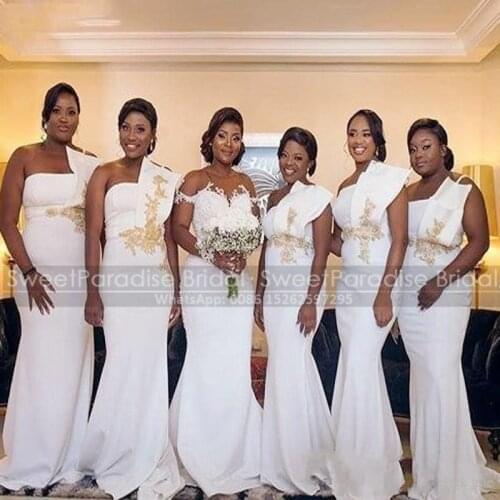 White Mermaid Bridesmaid Dresses With Gold Appliques Beads One Shoulder Women Long Formal Dress Wedding Party Maid Of Honor