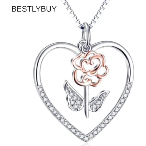 BESTLYBUY Genuine 925 Sterling Silver Rose Flower Love Heart Pendant Necklaces Female Necklace Valentines Day Present For Women