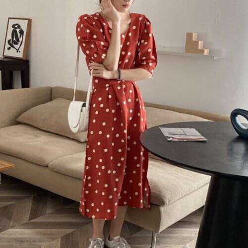 2021 New Women Summer Elegant Long Polka Dot Dress V Neck Bandage A-line Pullover Maxi Dresses Split Hem