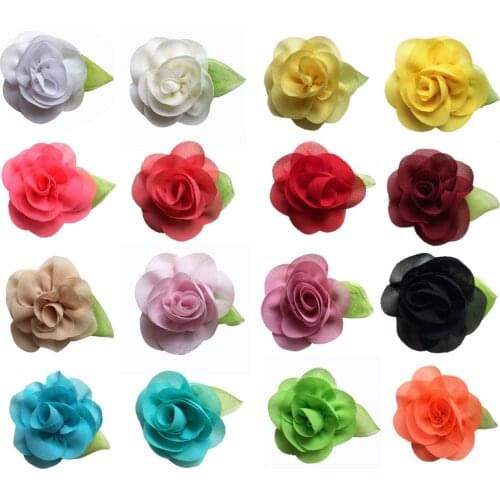 2.3" Korean chiffon flower with Green leaf rolled rosette WITHOUT clips,Free shipping