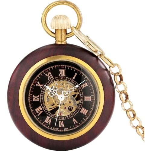Noble Red Sandalwood Automatic Mechanical Pocket Watch Rose Golden Roman Numerals Dial Alloy Chain Pendant Clock Men Women Gift