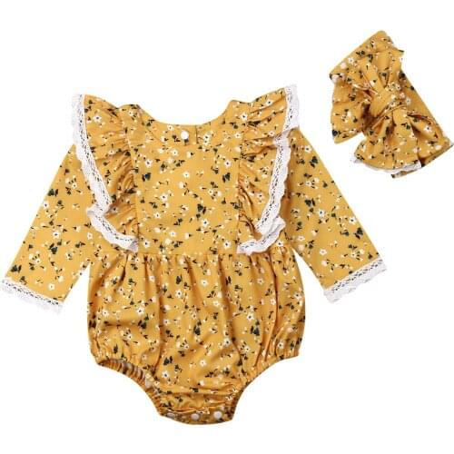 Baby Bodysuit Newborn Baby Girls Floral Ruffles Long Sleeve Bodysuit Jumpsuit Headband 2PCS Set Size 0-24M