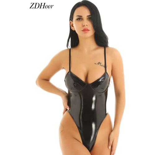 Bodysuit Women Wetlook PU Leather Catsuit Body Sexy Lingerie Bodysuit Latex Leather High Cut Sexy Party Erotic Rave Outfits