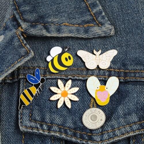 Cartoon Bee Butterfly Flower Enamel Pins Animals Brooches Metal Button Badge Women Men Kids Lapel Jackets Pin Cute Jewelry Gifts