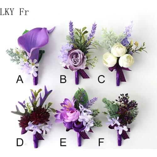 LKY Fr Boutonniere Corsage Pins Wrist Corsage Bracelet Bridesmaid Flowers Purple Roses Wedding Groom Boutonniere Buttonhole Prom