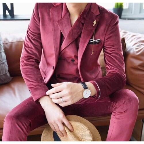 2020 Business Groom Tuxedo Suit Blazer And Apnt Wine Red Grey Luxury Velvet Suit Men Costume Mariage Homme/Jacket + Vest + Pant