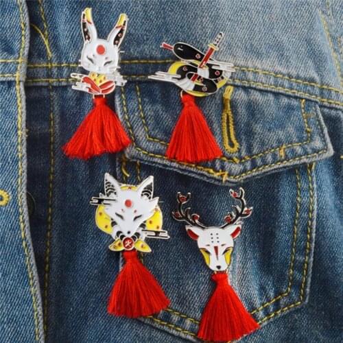 Vintage Animal Alloy Tassel Brooch Japanese Ninja Rabbit Fire Fox Snake Kendo Sika Deer Enamel Pin Backpack Badge Friends Gifts