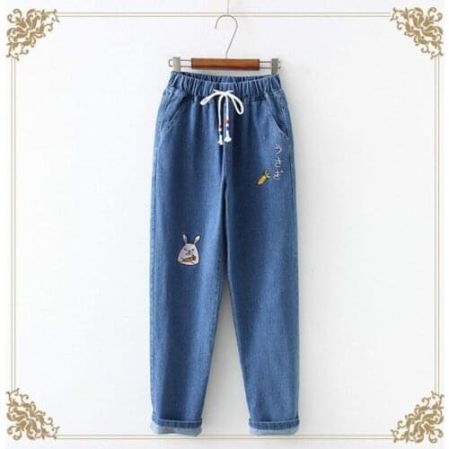 Jeans Women Kawaii Cartoon Printed Elastic Waist Drawstring Cute Harem Denim Jean All-match Plus Velvet Warm Womens Trousers New