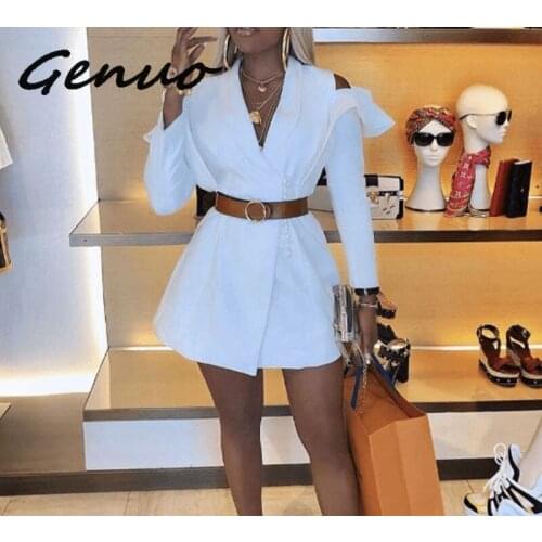Genuo New Cold Shoulder Ruffle Short White Dress Women Autumn Elegant Office Dress Party Sexy Long Sleeve Winter Blazer Dress