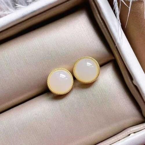 Natural Hetian white jade round bead earrings Chinese style retro small exquisite Bohemian lovely fairy silver jewelry