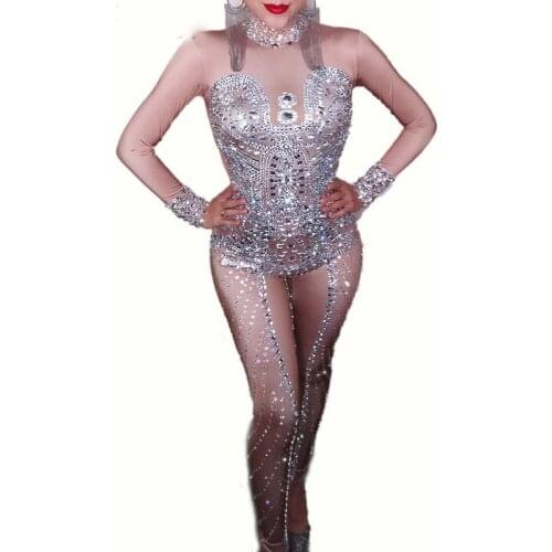 Silver Sparkly Crystals Nude Jumpsuit Female Singer Dancer Costume One-piece Bodysuit Nightclub Oufit Party Sexy Leggings