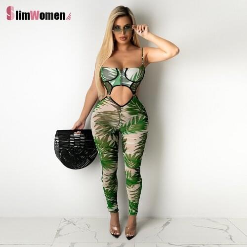 Summer Sexy Beach Bodycon Leaves Print Mesh Jumpsuit Rompers Women Sleeveless Hollow Out Overalls One Piece Outfits Streetwear