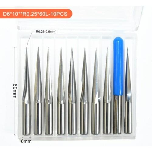 6mm*R0.25*60L,10pcs,Free shipping Taper Ball nose End Mill,CNC milling Cutter,Solid carbide tool,woodworking router bit
