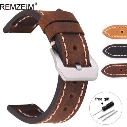 REMZEIM New vintage Genuine Leather Watch Bands Strap 20mm 22mm 24mm Mens Clock Accessories Watchband With Steel Button