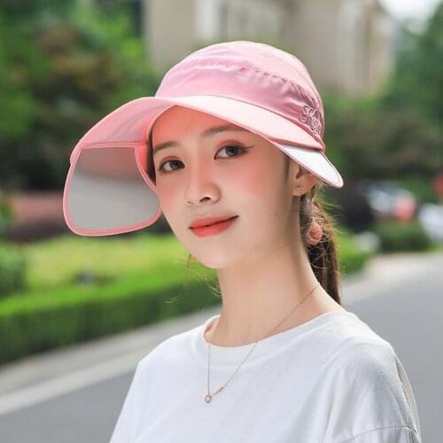 Summer Full Face Sunscreen Baseball Cap Retractable Brim Hollow Top Hat Letter Embroidery Solid Motorcycle Hat Womens Sun Hats