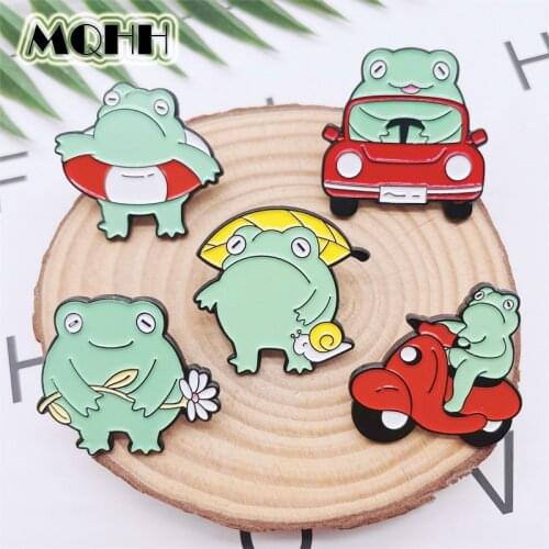 Cartoon Creative Green Animal Frog Enamel Pins Snail Motorcycle Swimming Ring Car Flower Alloy Brooch Badge Woman Jewelry Gift