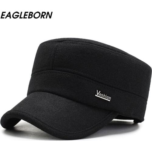 2021 New Winter Cap Men Hairy Flat Hat Winter Military Hats Felt Thick Tweed Solid Dad Hat Cap Man Father Warm Tab Hat Fashion