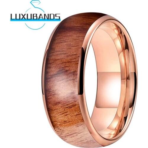 Tungsten Carbide Wedding Rings For Men Women 8MM Rose Gold Real Wood Inlay Engagement Bands Polished Finished Comfort Fit