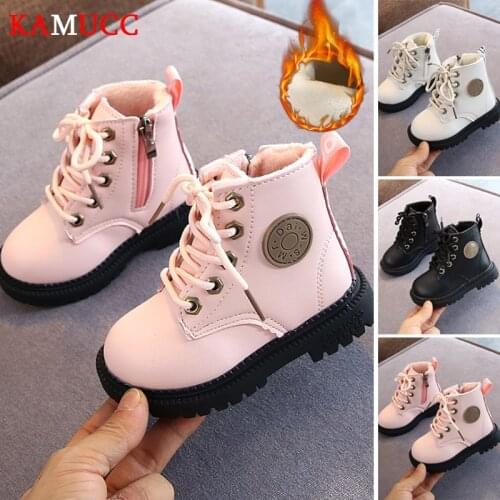 2020 Autumn/Winter Children Boots Boys Girls Leather Martin Boots Plush Fashion Waterproof Non-slip Warm Kids Boots Shoes 21-36